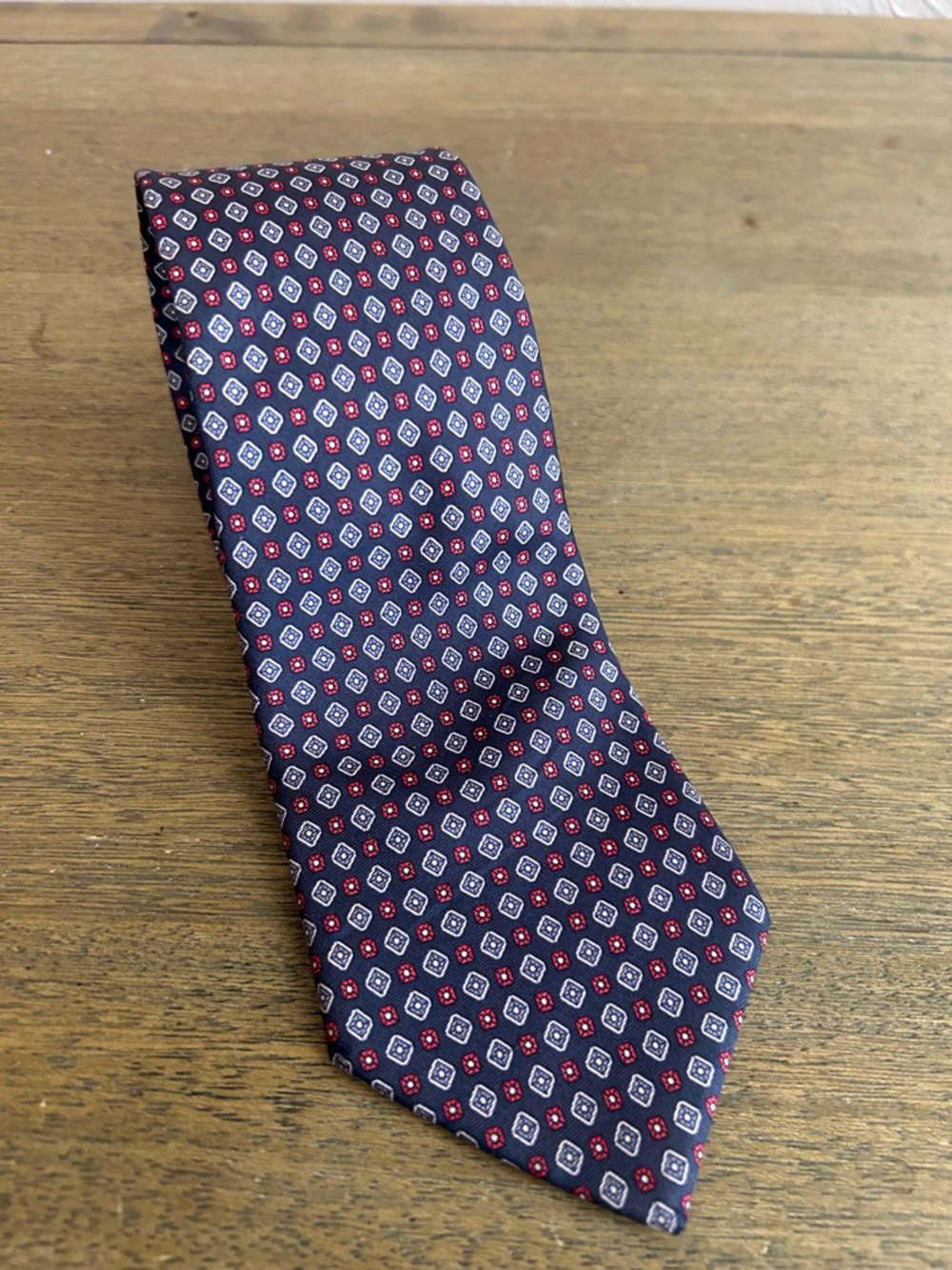 Vintage Imported All 100% Silk Necktie from The Custom Shop. Geometric Pattern.
